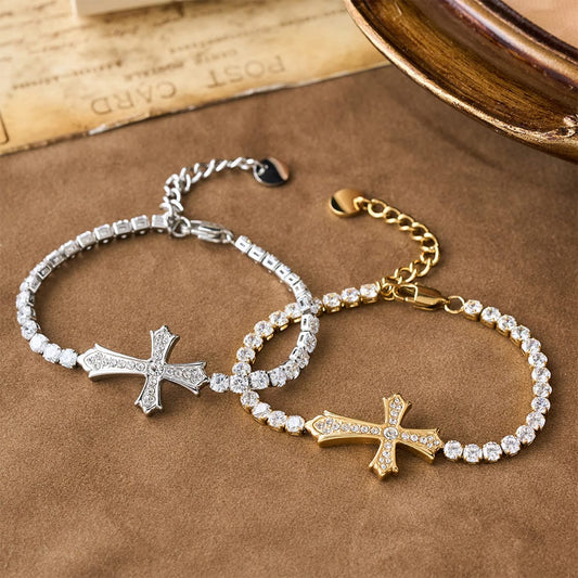 Valeria Montes bracelet Pulsera con Cruz Elegante con Incrustaciones de Circonita de Dos Colores