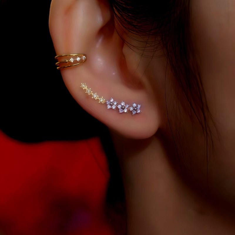 Valeria Montes Earrings Oro Pendientes Trepadores de Flor y Estrella con Circonitas para mujer