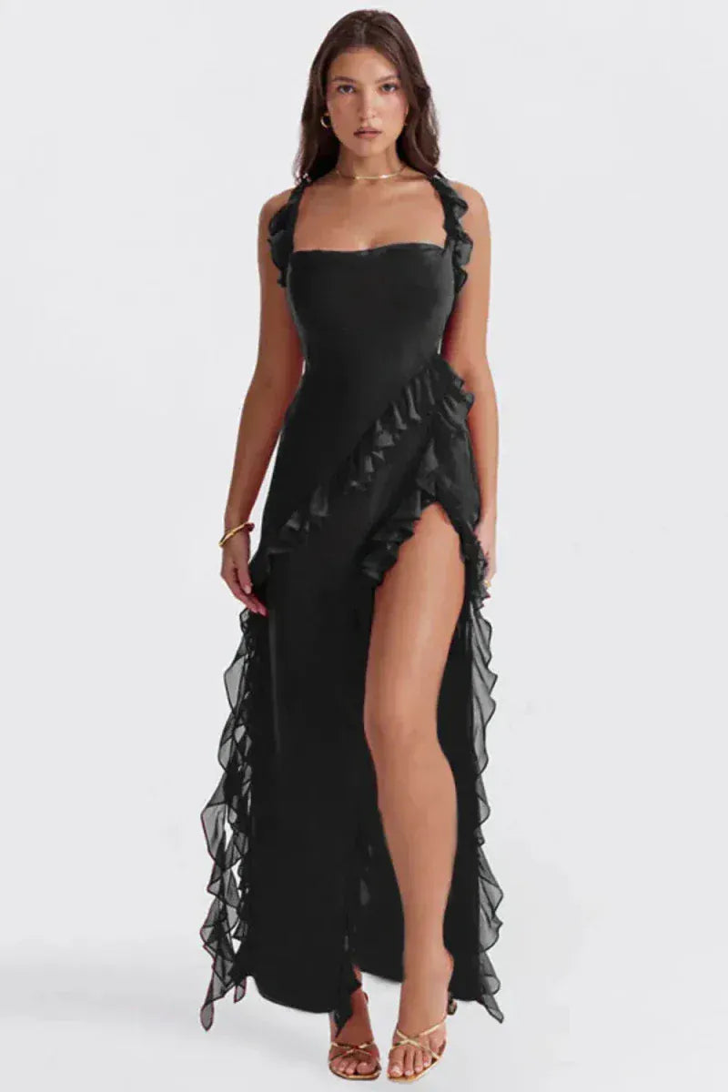 Valeria Montes Negro / XS Vestido de Noche Elegante con Volantes