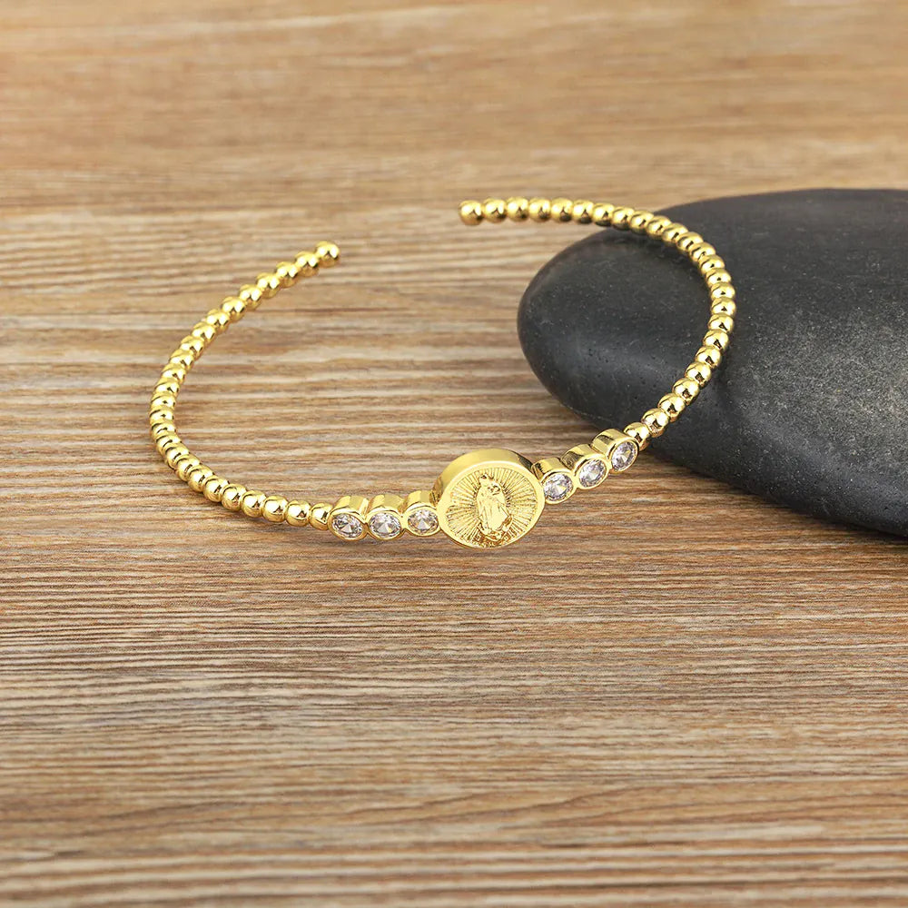 Valeria Montes 56-58mm Nidin-brazalete de la Virgen María chapado en oro de alta calidad para mujer, pulsera de cristal CZ de cobre ajustable, regalos de joyería religiosa