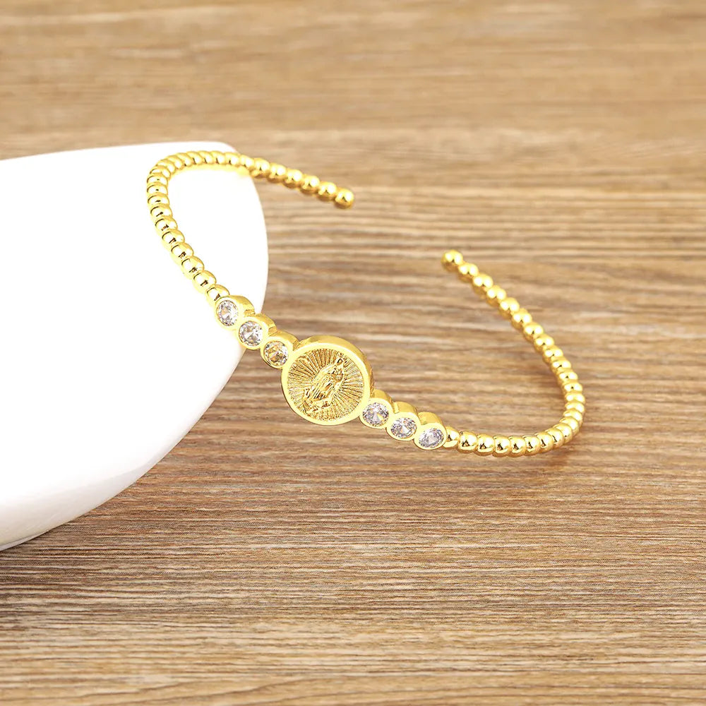Valeria Montes 56-58mm Nidin-brazalete de la Virgen María chapado en oro de alta calidad para mujer, pulsera de cristal CZ de cobre ajustable, regalos de joyería religiosa