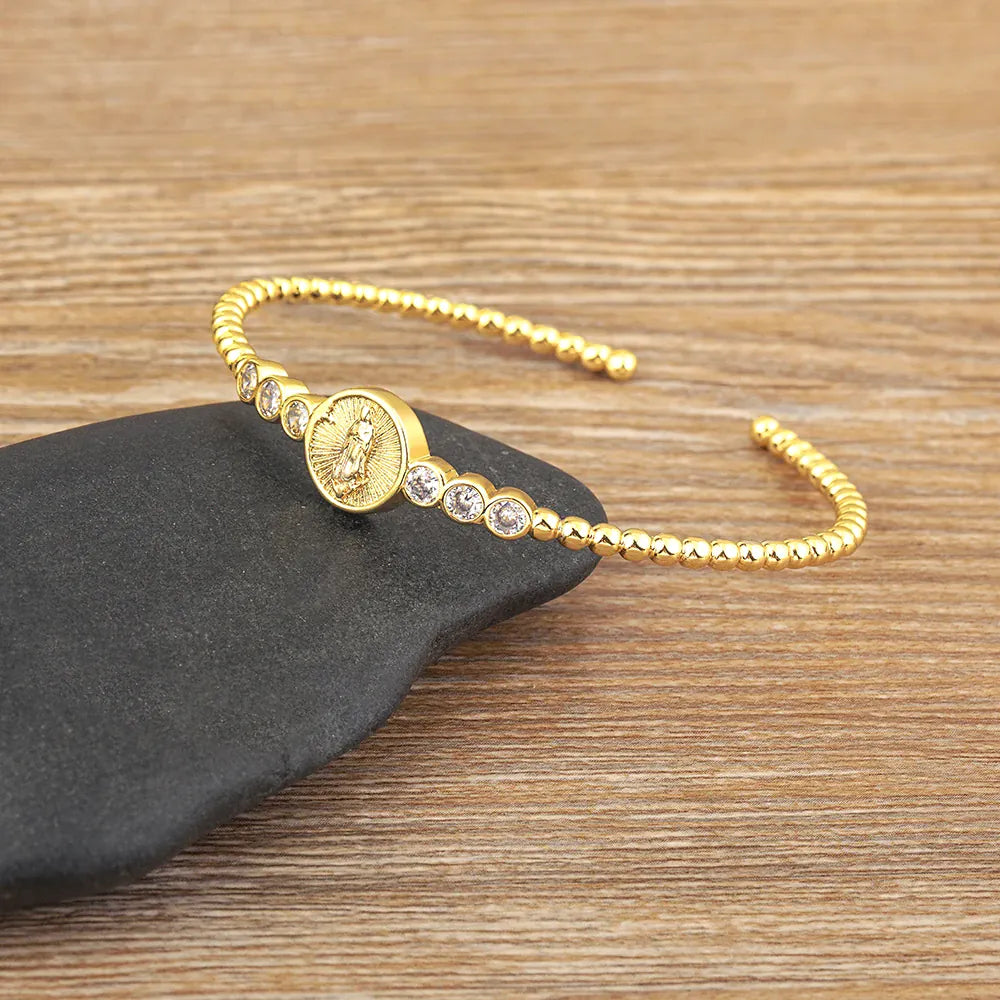 Valeria Montes 56-58mm Nidin-brazalete de la Virgen María chapado en oro de alta calidad para mujer, pulsera de cristal CZ de cobre ajustable, regalos de joyería religiosa