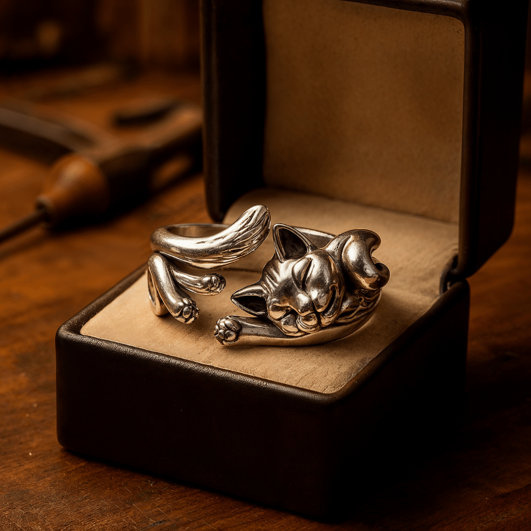 Valeria Montes Anillo de plata vintage con diseño de gato