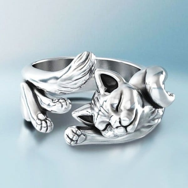 Valeria Montes Anillo de plata vintage con diseño de gato