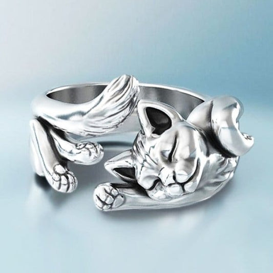 Valeria Montes Anillo de plata vintage con diseño de gato