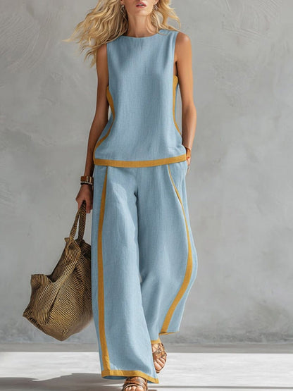 Valeria Montes Azul / S Conjunto Casual de Lino y Algodón