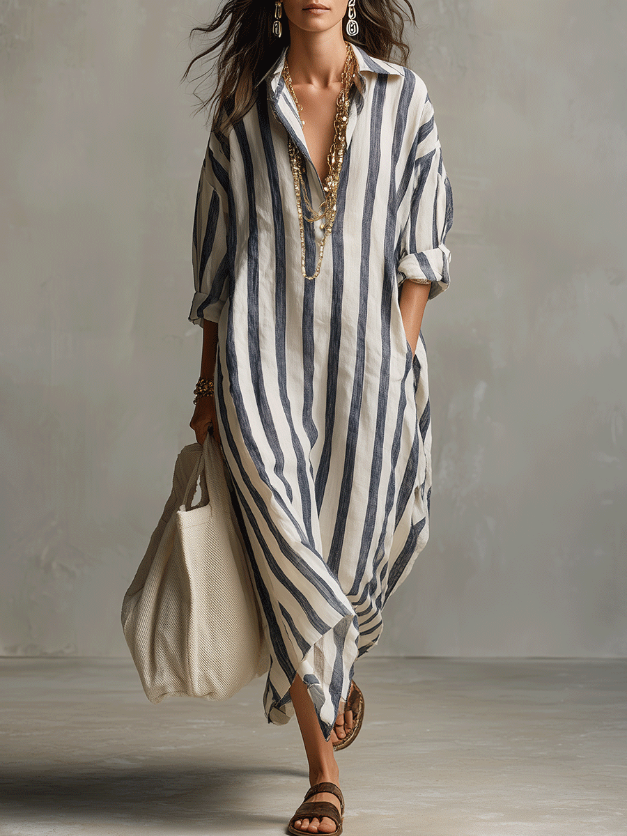 Valeria Montes Blanco roto / XS Vestido Maxi Casual de Camisa a Rayas Estilo Bohemio