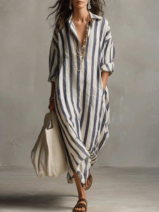 Valeria Montes Blanco roto / XS Vestido Maxi Casual de Camisa a Rayas Estilo Bohemio