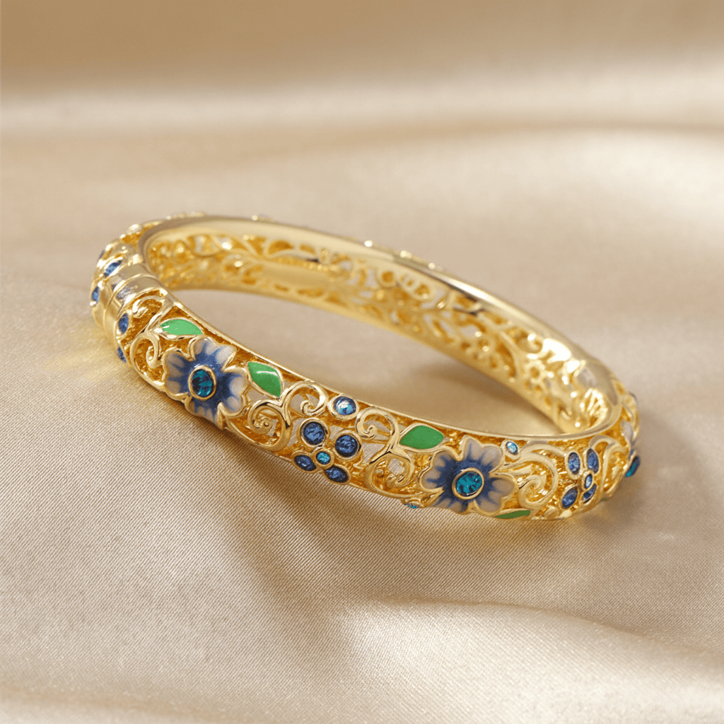 Valeria Montes Blue 14k Diamond Accented Floral Bangles