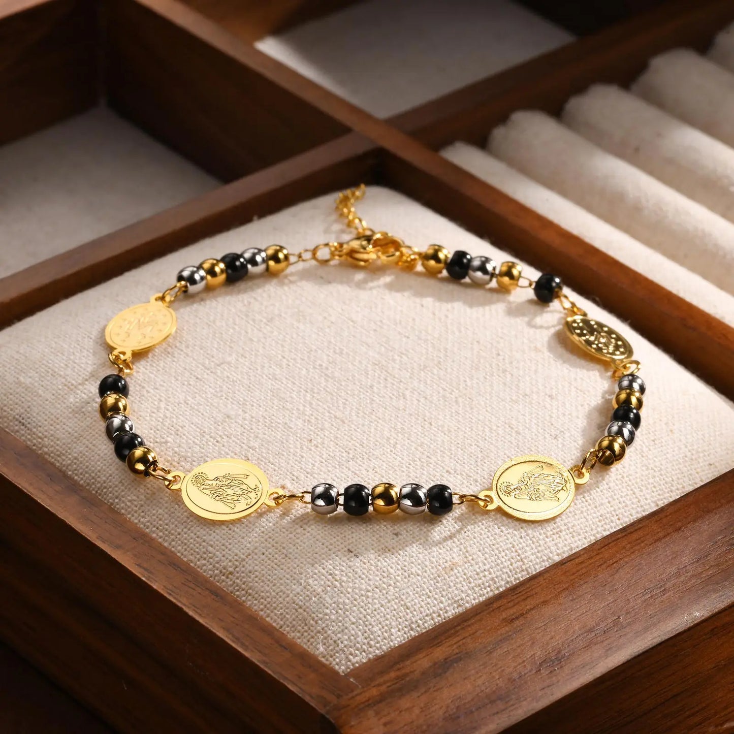 Valeria Montes BR-2062G Pulseras musulmanas de acero inoxidable con cuentas cruzadas, cuentas redondas de tres colores, pulsera de Nuestra Señora para mujeres y niñas, regalos de joyería islámica