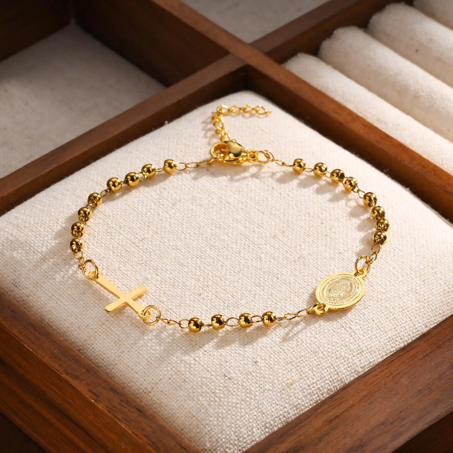 Valeria Montes BR-2063G Pulseras musulmanas de acero inoxidable con cuentas cruzadas, cuentas redondas de tres colores, pulsera de Nuestra Señora para mujeres y niñas, regalos de joyería islámica