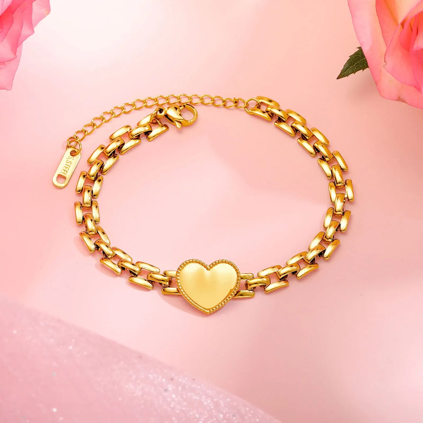 Valeria Montes BR-2370G Pulsera de corazón de amor de moda para mujer, pulseras de cadena con correa de acero inoxidable, joyería de fiesta exquisita, regalo del día de la madre