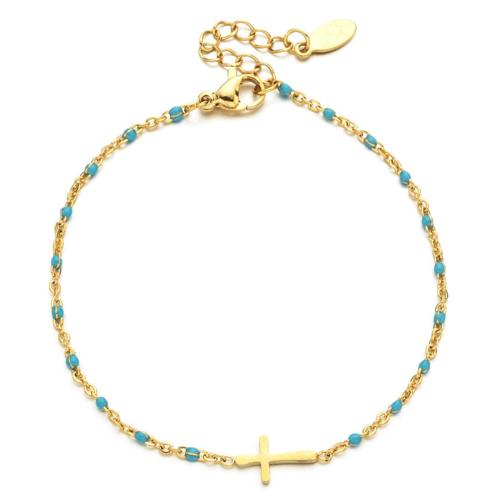 Valeria Montes bracelet Dorado y Azul Lago Pulsera con Cruz Minimalista y Delicada