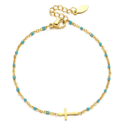 Valeria Montes bracelet Dorado y Azul Lago Pulsera con Cruz Minimalista y Delicada
