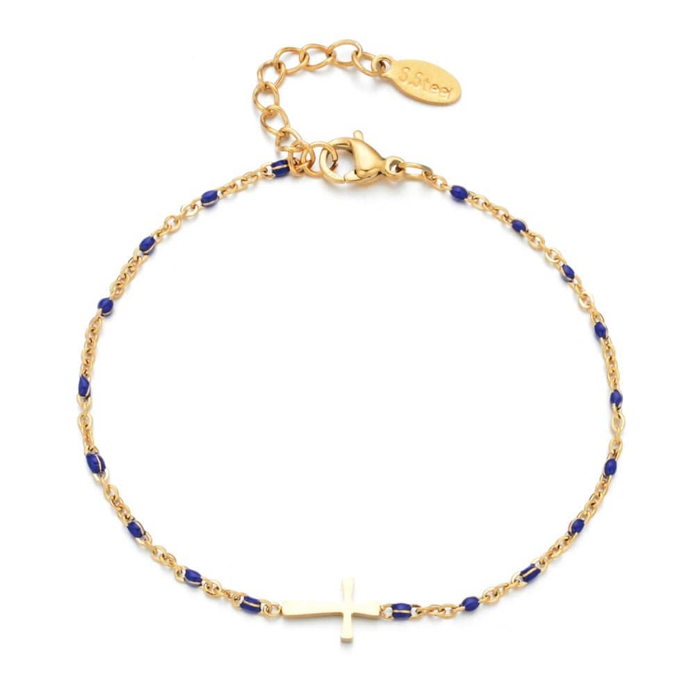 Valeria Montes bracelet Dorado y Azul Pulsera con Cruz Minimalista y Delicada