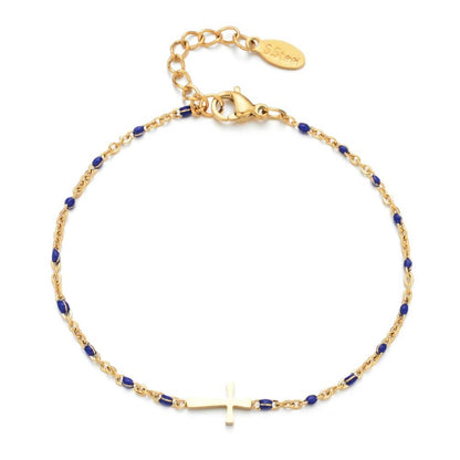 Valeria Montes bracelet Dorado y Azul Pulsera con Cruz Minimalista y Delicada