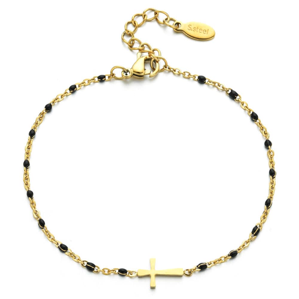 Valeria Montes bracelet Dorado y Negro Pulsera con Cruz Minimalista y Delicada