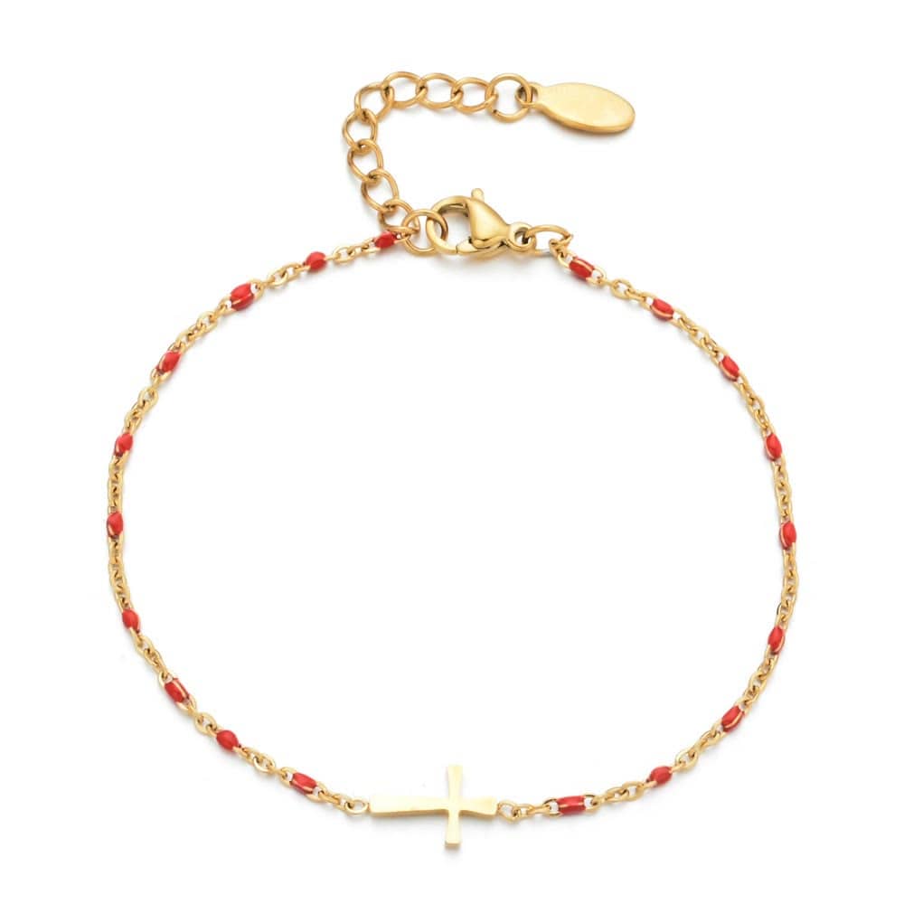 Valeria Montes bracelet Dorado y Rojo Pulsera con Cruz Minimalista y Delicada
