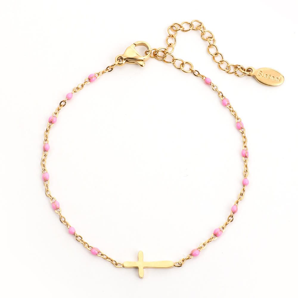 Valeria Montes bracelet Dorado y Rosa Pulsera con Cruz Minimalista y Delicada