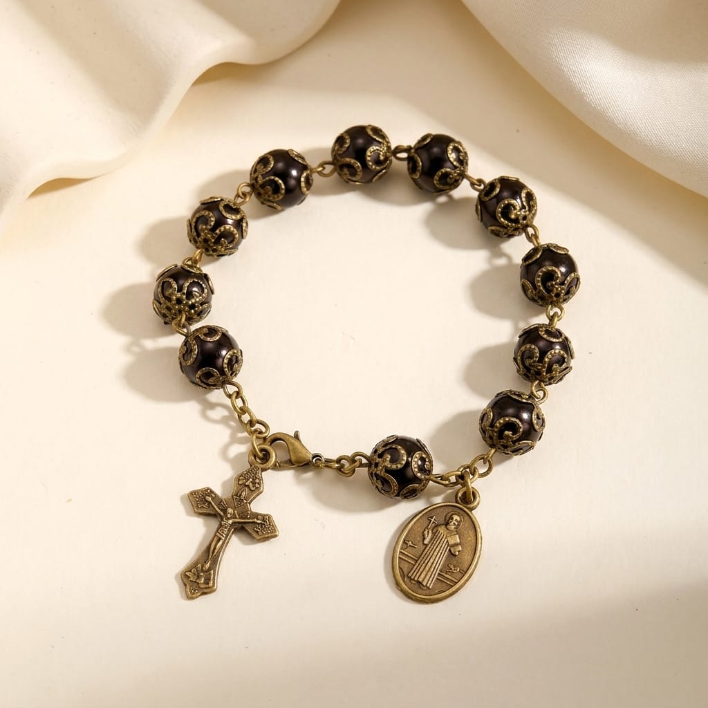 Valeria Montes bracelet Negro Pulsera con Rosario, Medalla de San Benito y Crucifijo en Estilo Retro