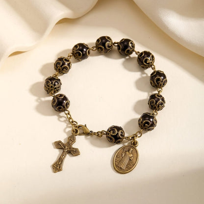 Valeria Montes bracelet Negro Pulsera con Rosario, Medalla de San Benito y Crucifijo en Estilo Retro