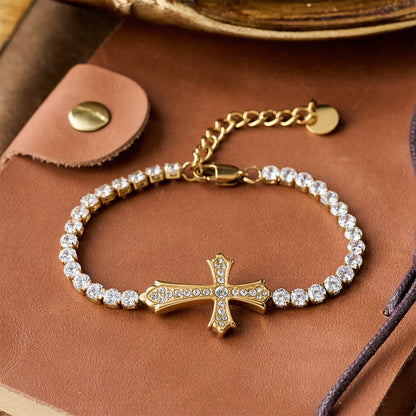 Valeria Montes bracelet Oro Pulsera con Cruz Elegante con Incrustaciones de Circonita de Dos Colores