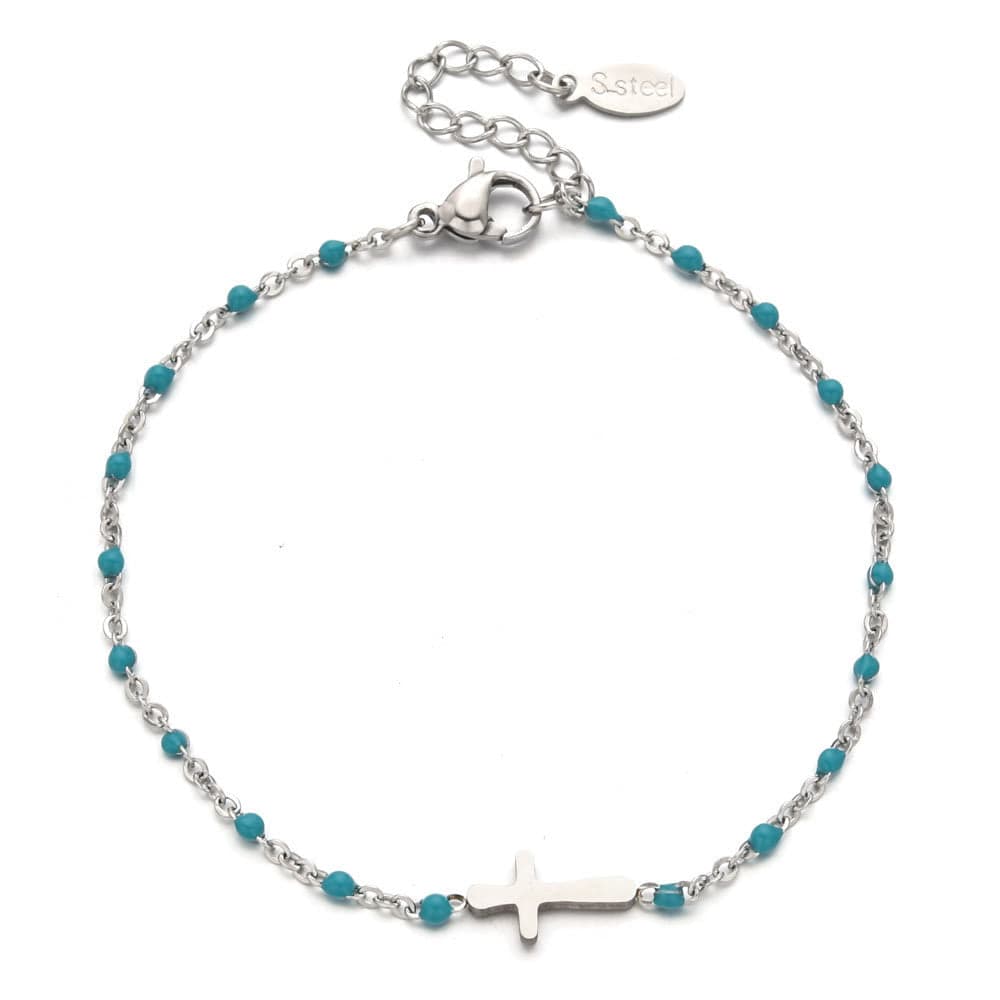 Valeria Montes bracelet Plata y Azul Lago Pulsera con Cruz Minimalista y Delicada