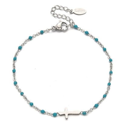 Valeria Montes bracelet Plata y Azul Lago Pulsera con Cruz Minimalista y Delicada
