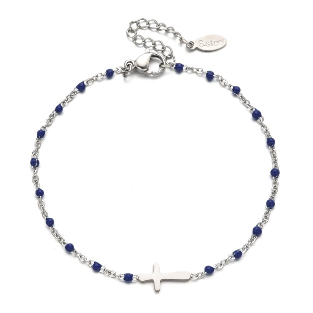 Valeria Montes bracelet Plata y Azul Pulsera con Cruz Minimalista y Delicada
