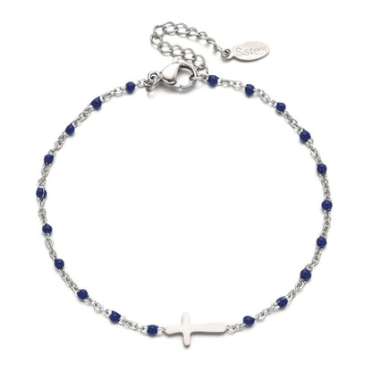 Valeria Montes bracelet Plata y Azul Pulsera con Cruz Minimalista y Delicada