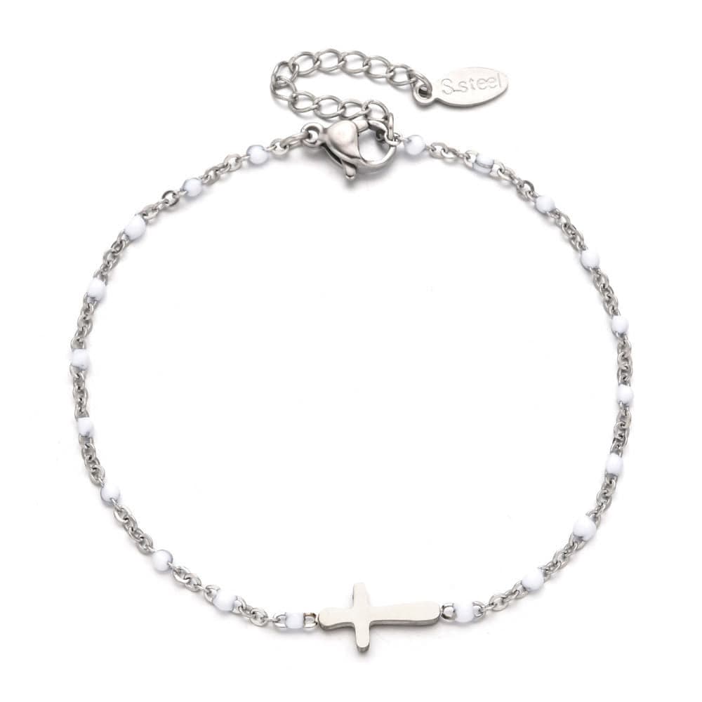 Valeria Montes bracelet Plata y Blanco Pulsera con Cruz Minimalista y Delicada