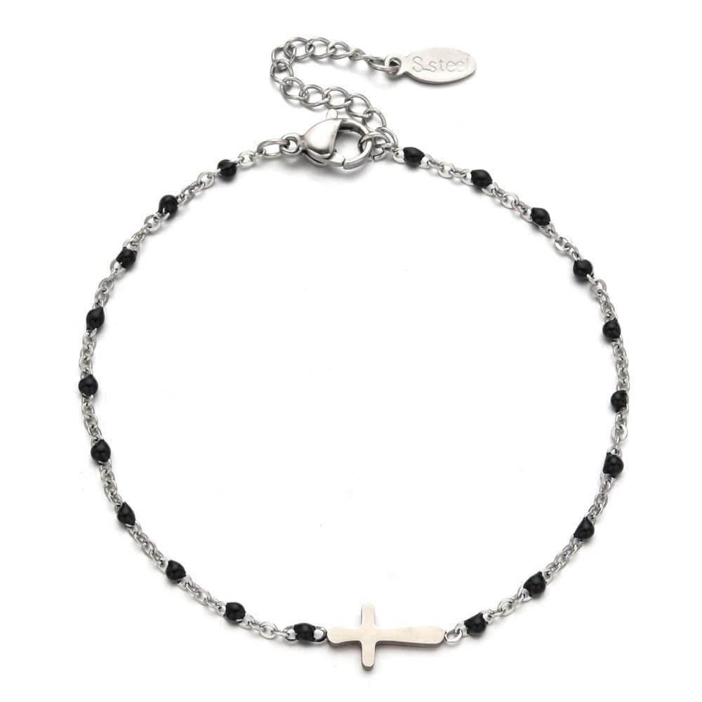 Valeria Montes bracelet Plata y Negro Pulsera con Cruz Minimalista y Delicada