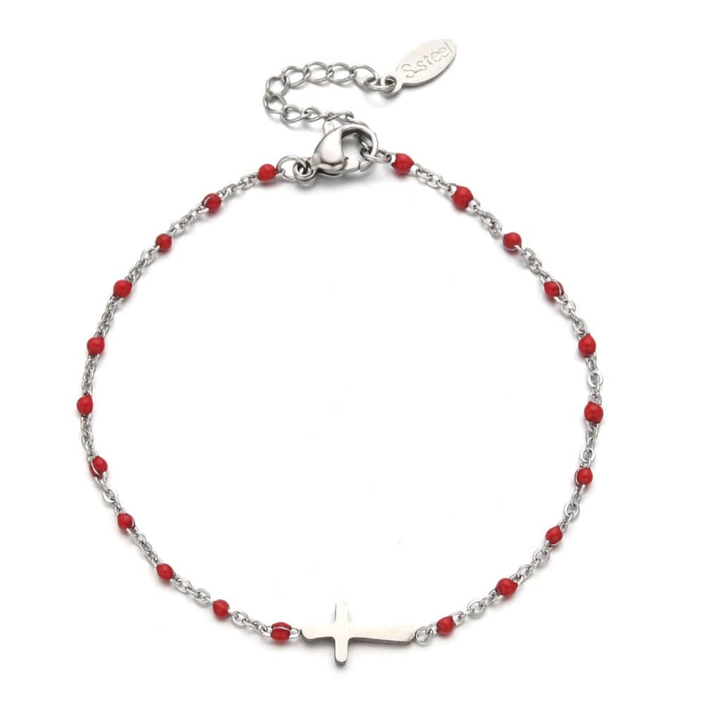 Valeria Montes bracelet Plata y Rojo Pulsera con Cruz Minimalista y Delicada