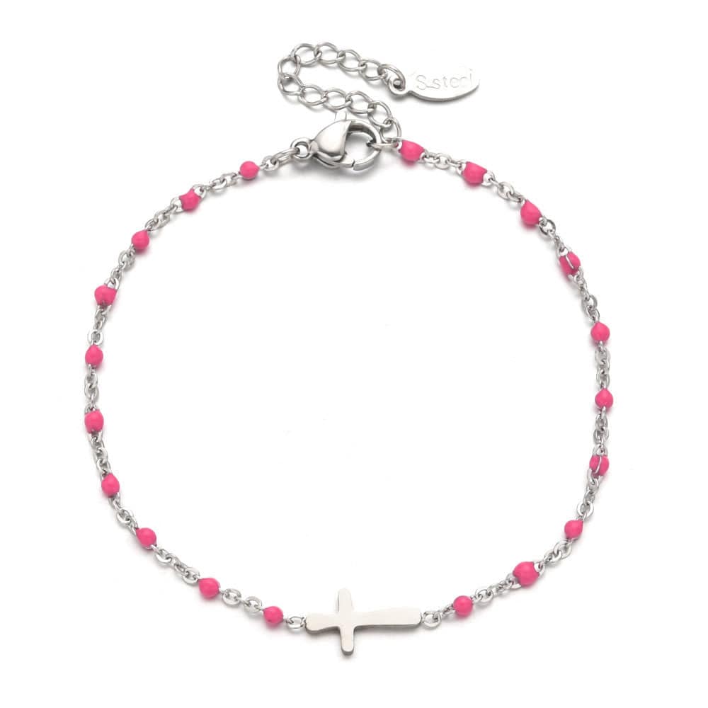 Valeria Montes bracelet Plata y Rosa Pulsera con Cruz Minimalista y Delicada