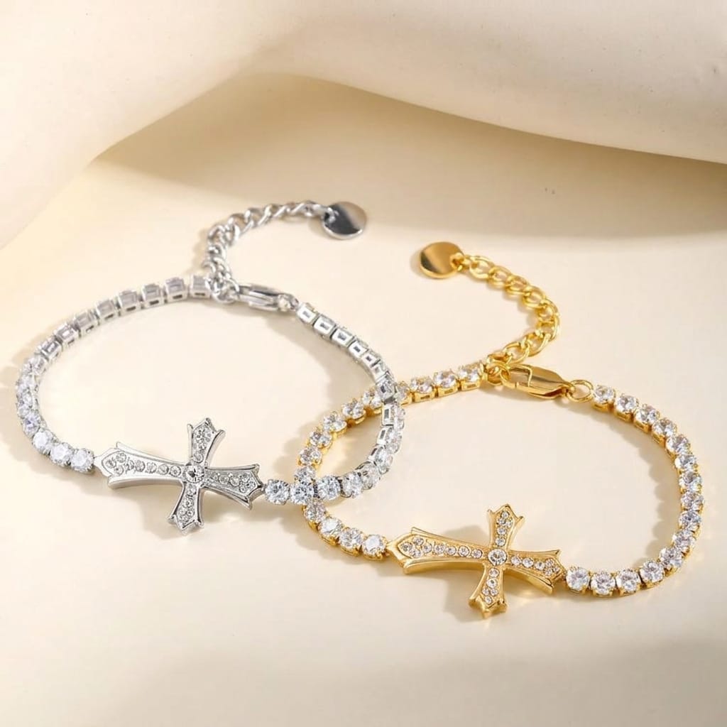 Valeria Montes bracelet Pulsera con Cruz Elegante con Incrustaciones de Circonita de Dos Colores