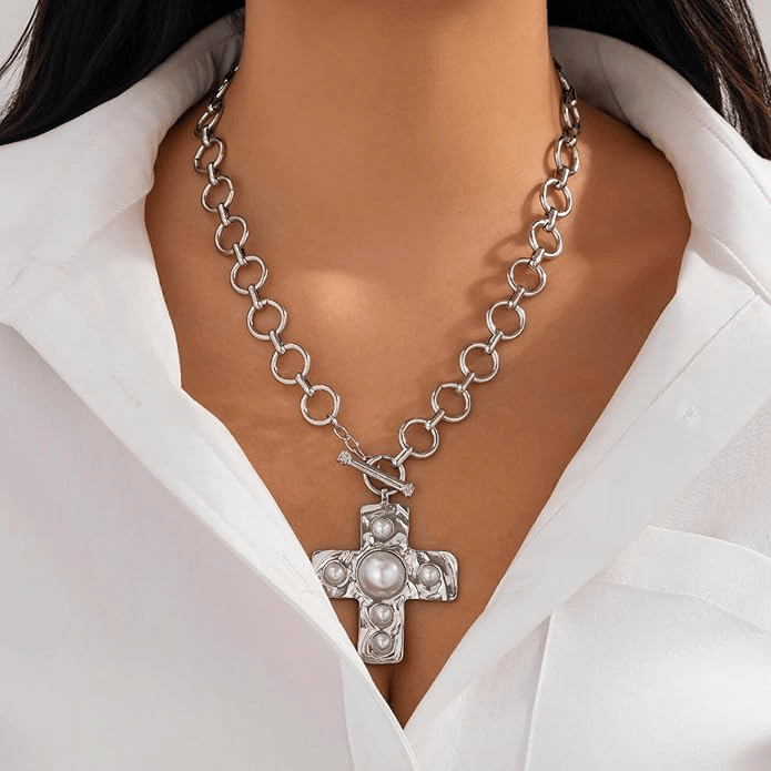 Valeria Montes Con perla / Plata Collar con Hebilla en forma de Cruz
