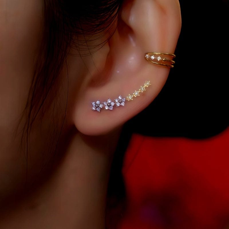 Valeria Montes Earrings Oro Pendientes Trepadores de Flor y Estrella con Circonitas para mujer