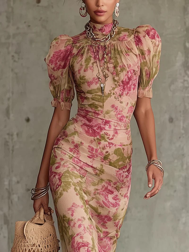 Valeria Montes Fiora | Vestido largo con estampado vintage de rosas y mangas abullonadas