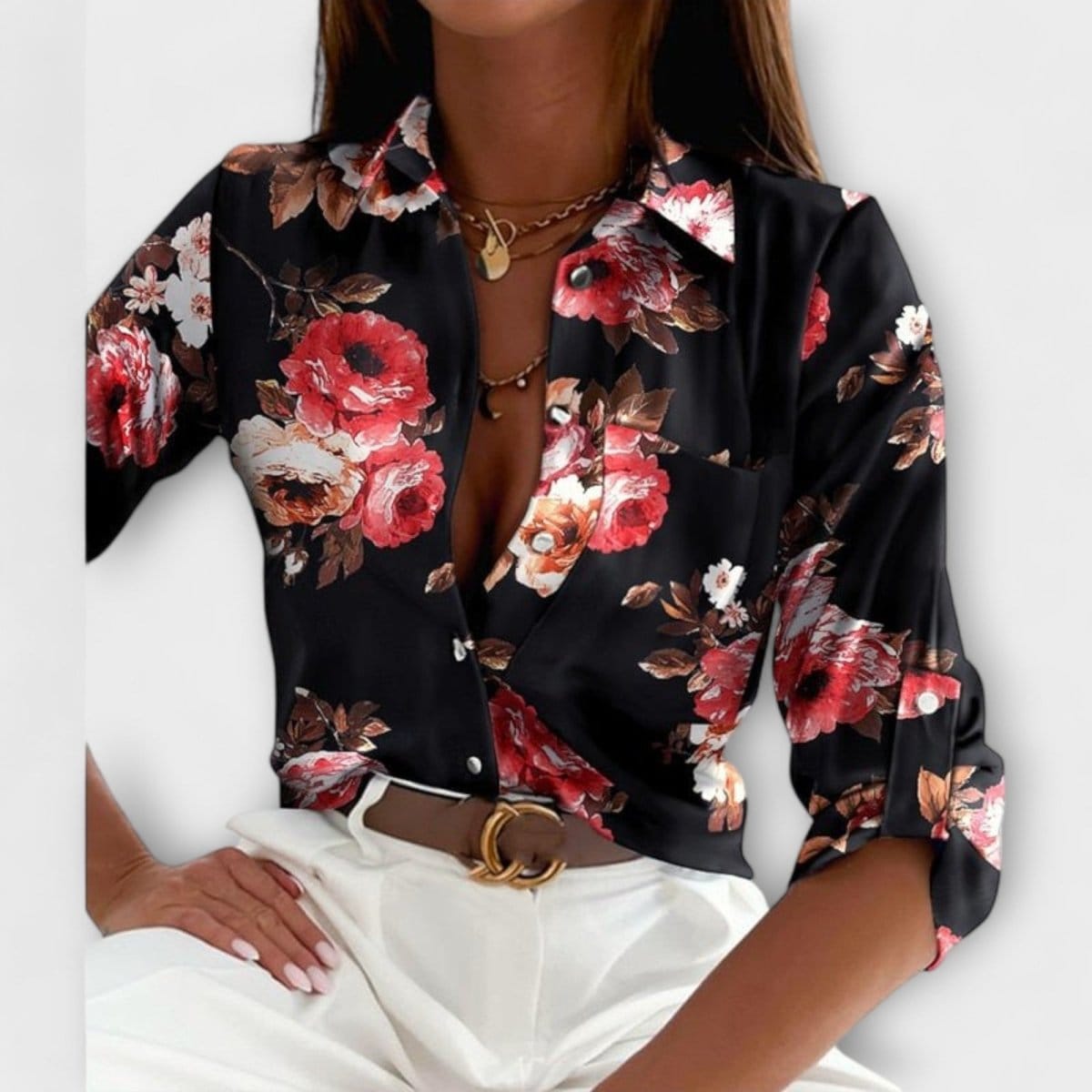 Valeria Montes Flores negras y rosas / S BLUSA CON CUELLO CLÁSICO