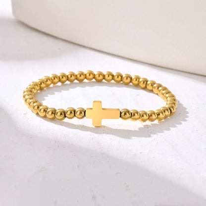 Valeria Montes Gold Color Pulsera cruzada elástica minimalista para mujer, pulseras de cuentas redondas, regalo de joyería impermeable de acero inoxidable