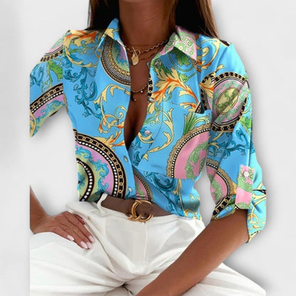 Valeria Montes Impresión azul / S BLUSA CON CUELLO CLÁSICO