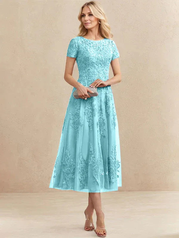 Valeria Montes Mother of the Bride Dresses Aqua / 32 Elena | Vestido Midi de Encaje