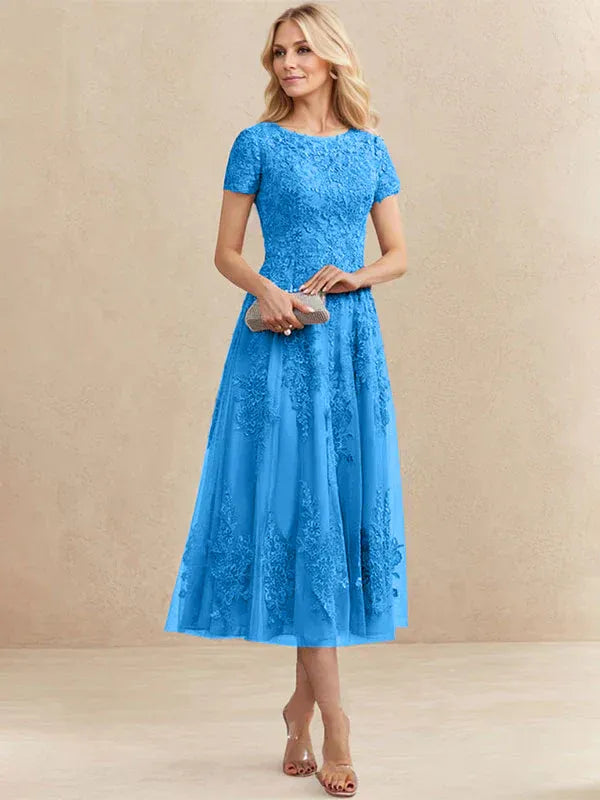Valeria Montes Mother of the Bride Dresses Azul / 32 Elena | Vestido Midi de Encaje