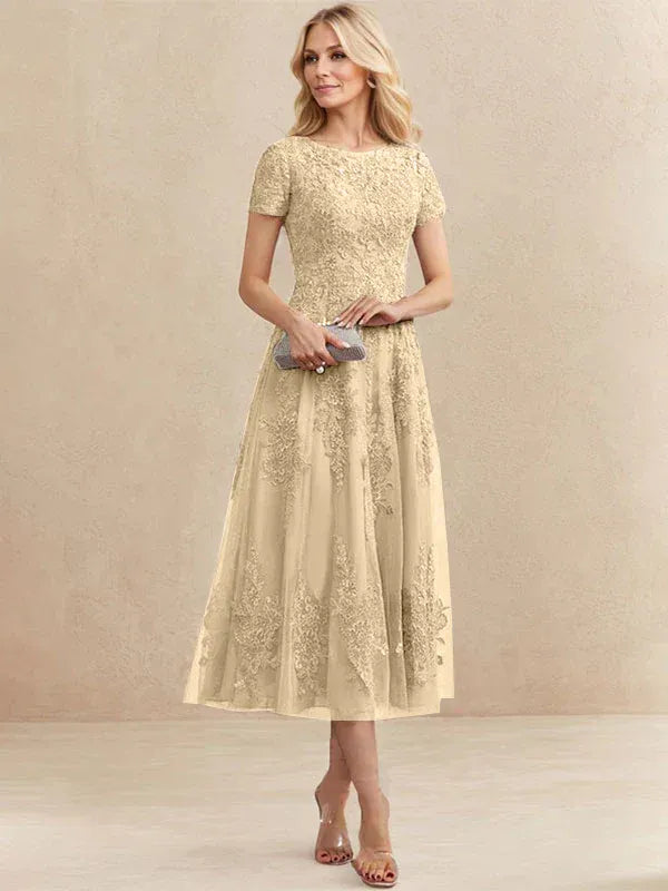 Valeria Montes Mother of the Bride Dresses Champagne / 32 Elena | Vestido Midi de Encaje