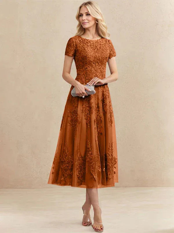 Valeria Montes Mother of the Bride Dresses Naranja quemado / 32 Elena | Vestido Midi de Encaje