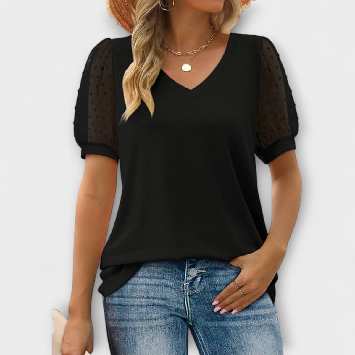 Valeria Montes Negro / S TOP CON CUELLO ALTO EN V Y MANGAS TRANSPARENTES