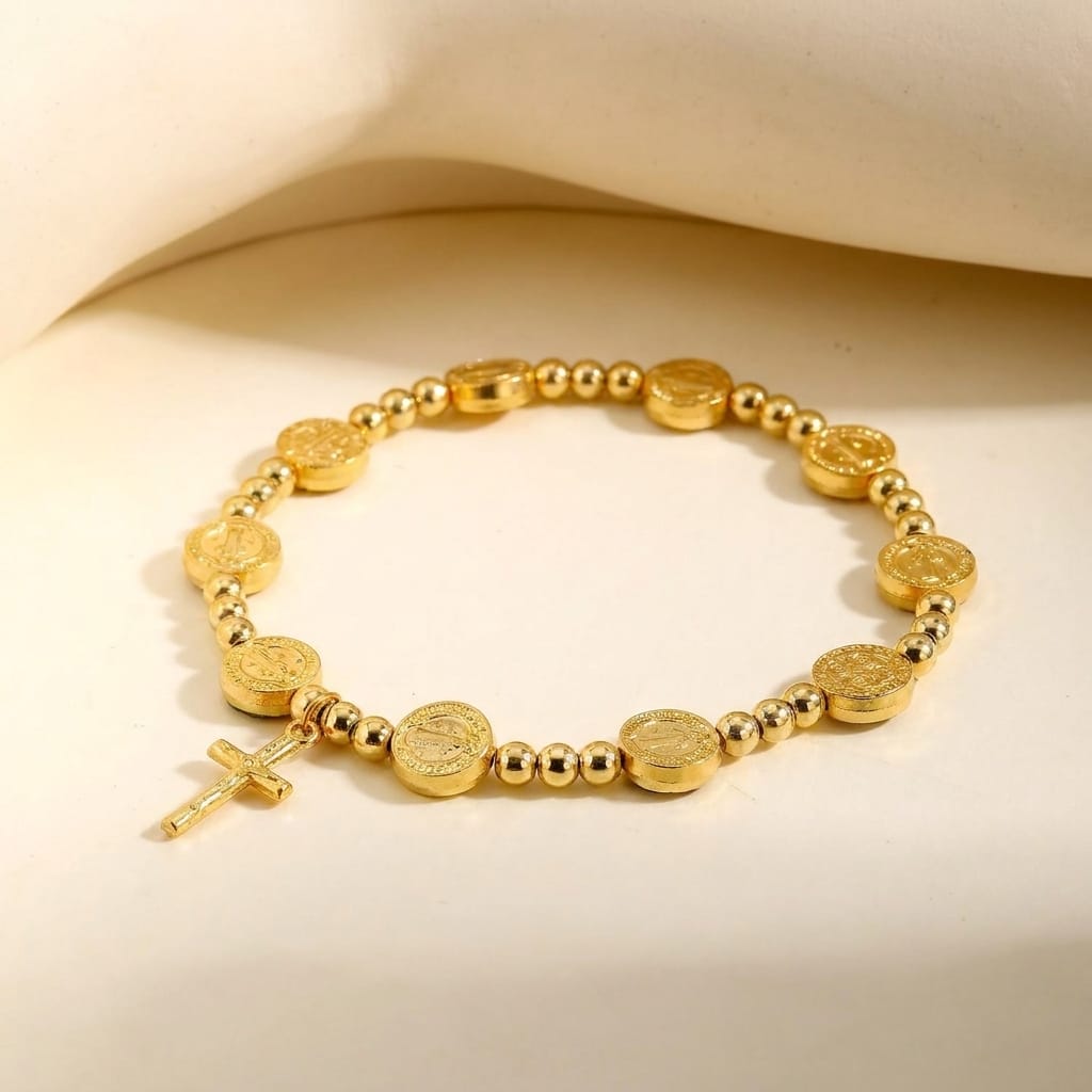 Valeria Montes Oro / Universal Pulsera de Cuentas Redondas San Benito con Colgante de Cruz