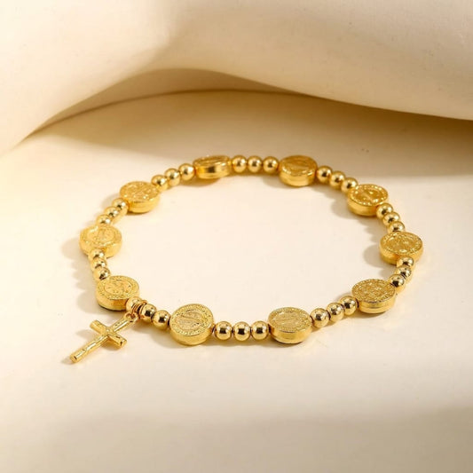 Valeria Montes Oro / Universal Pulsera de Cuentas Redondas San Benito con Colgante de Cruz