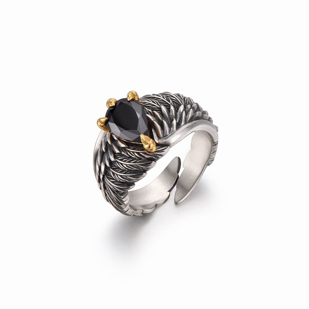 Valeria Montes Plata / Universal ajustable Anillo Vintage de Águila con Alas de Ónix Negro