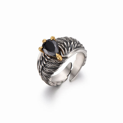 Valeria Montes Plata / Universal ajustable Anillo Vintage de Águila con Alas de Ónix Negro
